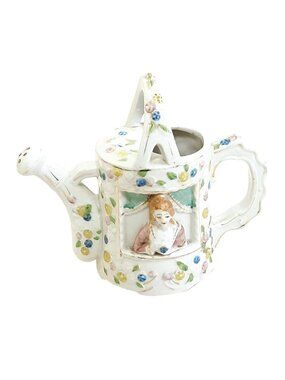 Decorative Floral Ceramic Watering Can Vase Figurine Spring Easter Decor Japan